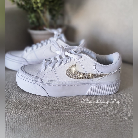 Women's Nike Court Legacy Lift White Sneakers Customized With Clear Crystals - Picture 8 of 8